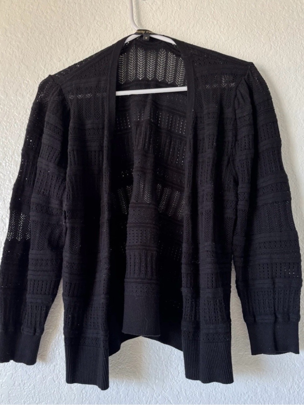 Kathy Ireland Black Open Knit Cardigan
Crochet Lightweight Front Sweater Size M